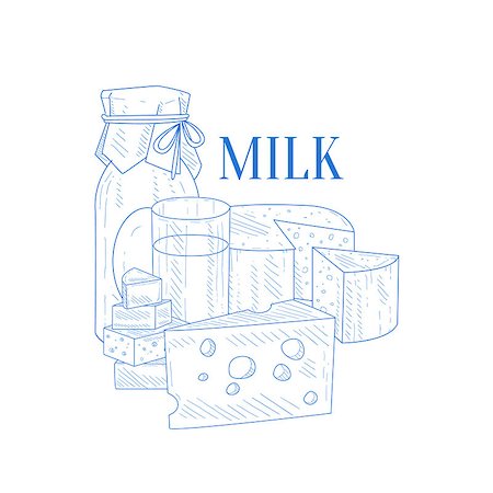 simsearch:400-08776897,k - Milk And Cheese Hand Drawn Realistic Sketch. Hand Drawn Detailed Contour Illustration On White Background. Stockbilder - Microstock & Abonnement, Bildnummer: 400-08776013