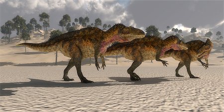 simsearch:400-08694325,k - Acrocanthosaurus theropod dinosaurs band together to search for prey in the Cretaceous period. Foto de stock - Super Valor sin royalties y Suscripción, Código: 400-08776092