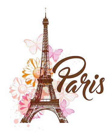 Vector abstract background with Eiffel tower, flowers and butterflies. Stock Photo - Budget Royalty-Free & Subscription, Code: 400-08776225