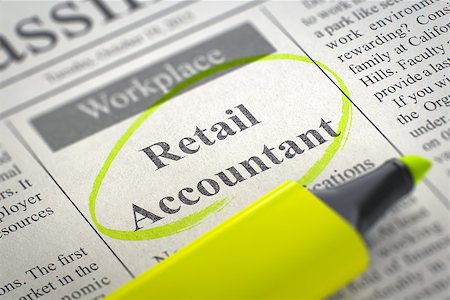 simsearch:400-08772702,k - Retail Accountant - Vacancy in Newspaper, Circled with a Yellow Highlighter. Blurred Image with Selective focus. Job Search Concept. 3D Render. Stock Photo - Budget Royalty-Free & Subscription, Code: 400-08776387