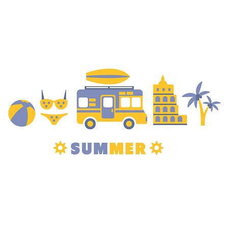Summer Traveling Symbols Set By Five In Line Blue And Yellow Clipart Vector illustration On White Background Stock Photo - Budget Royalty-Free & Subscription, Code: 400-08776875