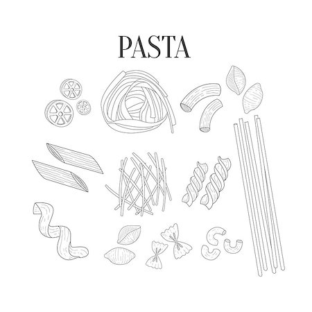 fettucine - Italian Pasta Assortment Isolated Hand Drawn Realistic Sketches.Hand Drawn Detailed Contour Illustration On White Background. Stock Photo - Budget Royalty-Free & Subscription, Code: 400-08776897