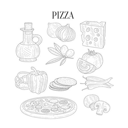 simsearch:400-08776897,k - Pizza Ingredients Isolated Hand Drawn Realistic Sketches. Artistic Pencil Detailed Contour Illustration On White Background. Stockbilder - Microstock & Abonnement, Bildnummer: 400-08776898