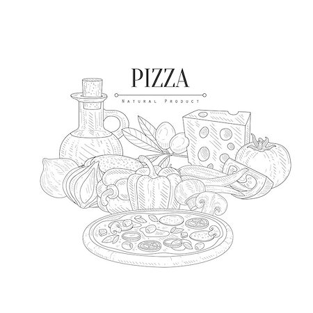 simsearch:400-08776897,k - Pizza Cooking Ingredients Still Life Hand Drawn Realistic Sketch. Artistic Pencil Detailed Contour Illustration On White Background. Stockbilder - Microstock & Abonnement, Bildnummer: 400-08776899