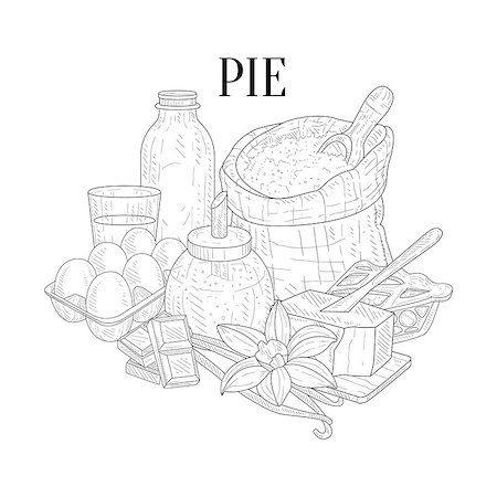 simsearch:400-08776897,k - Pie Baking Components Still Life Hand Drawn Realistic Sketch. Artistic Pencil Detailed Contour Illustration On White Background. Stockbilder - Microstock & Abonnement, Bildnummer: 400-08776901