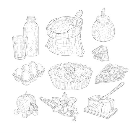 simsearch:400-08654097,k - Pie Baking Ingredients Isolated Hand Drawn Realistic Sketches. Artistic Pencil Detailed Contour Illustration On White Background. Foto de stock - Super Valor sin royalties y Suscripción, Código: 400-08776902