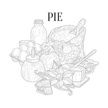 simsearch:400-08506114,k - Pie Baking Ingredients Hand Drawn Realistic Sketch. Artistic Pencil Detailed Contour Illustration On White Background. Foto de stock - Super Valor sin royalties y Suscripción, Código: 400-08776903