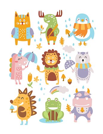 puddle in the rain - Animal Woodland Autumn Vector Set. Cartoon of cute animals Stock Photo - Budget Royalty-Free & Subscription, Code: 400-08776989