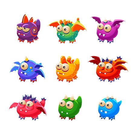 spiral tails of animals - Toy Alien Monsters With And Without Wings Collection Of Bright Color Vector Icons Isolated On White Background. Cute Childish Fantastic Animal Characters Design. Stock Photo - Budget Royalty-Free & Subscription, Code: 400-08776996