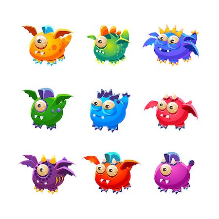 red mohawk - Little Alien Dragon Like Monsters Set Of Bright Color Vector Icons Isolated On White Background. Cute Childish Fantastic Animal Characters Design. Foto de stock - Super Valor sin royalties y Suscripción, Código: 400-08776997