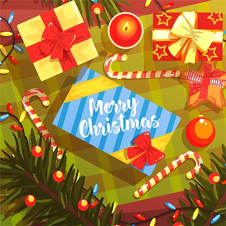 Christmas Presents Colorful Illustration With Classic Holiday Symbols Collection. Merry Christmas Classic Elements View From Above Drawing In Bright Colors. Stock Photo - Budget Royalty-Free & Subscription, Code: 400-08777007