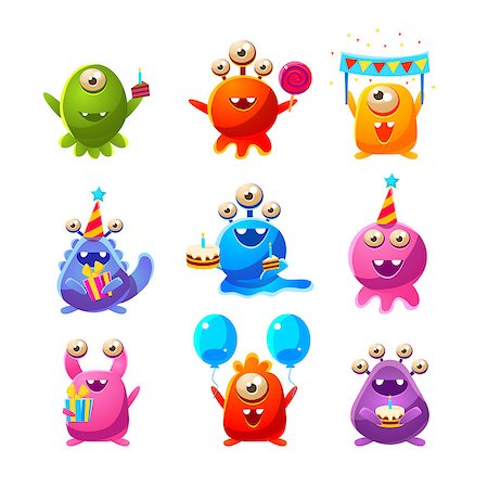 eyes birthday cake - Toy Aliens With Birthday Party Objects Cute Childish Stickers. Cartoon Colorful Alien Characters Isolated On White Background. Stock Photo - Budget Royalty-Free & Subscription, Code: 400-08777001