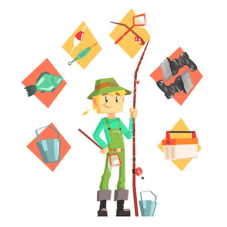 rod spinner - Fisherman With Fishing Equipment Icons Around Infographic Drawing. Cool Colorful Vector Illustration In Stylized Geometric Cartoon Design Stock Photo - Budget Royalty-Free & Subscription, Code: 400-08777019