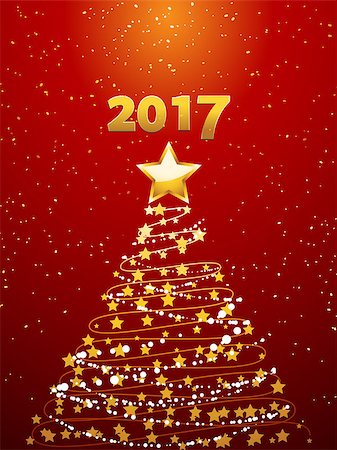 Christmas Tree Made of Golden Stars and Decorations Over Festive Red Background with 2017 Date and Golden Snow Photographie de stock - Aubaine LD & Abonnement, Code: 400-08777252