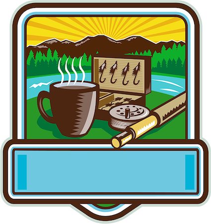 fishing reel vectors - Illustration of a mug, fly tackle bait box, fly rod and reel set inside crest shield with mountain river trees and sunburst in the background done in retro woodcut style. Stock Photo - Budget Royalty-Free & Subscription, Code: 400-08777368