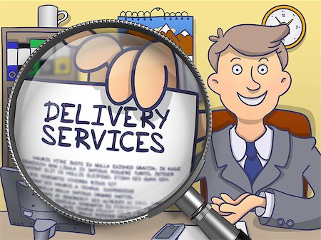 simsearch:400-08772702,k - Business Man in Suit Looking at Camera and Holding a Paper with Text Delivery Services Concept through Magnifying Glass. Closeup View. Multicolor Doodle Style Illustration. Stock Photo - Budget Royalty-Free & Subscription, Code: 400-08777450