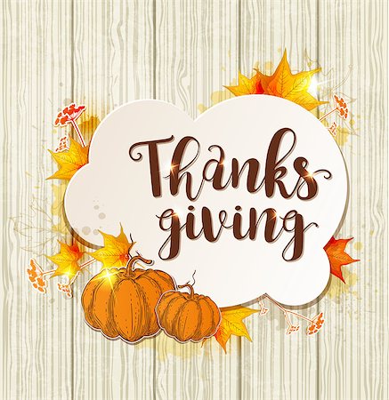 simsearch:400-08776231,k - Greeting card for Thanksgiving Day. Lettering, orange pumpkins and maple leaves on a wooden background. Stockbilder - Microstock & Abonnement, Bildnummer: 400-08777615