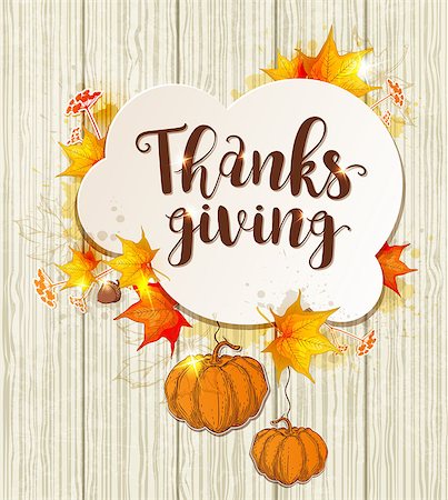 simsearch:400-08776231,k - Greeting card for Thanksgiving Day. Lettering, orange pumpkins and maple leaves on a wooden background. Stockbilder - Microstock & Abonnement, Bildnummer: 400-08777613