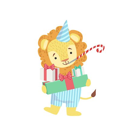 simsearch:400-08651005,k - Lion Cute Animal Character Attending Birthday Party. Childish Cartoon Style Animal Dressed In Human Clothes Vector Sticker Stock Photo - Budget Royalty-Free & Subscription, Code: 400-08777744