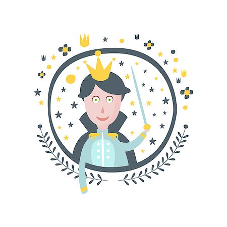 fairytale hero with sword - Prince Fairy Tale Character Girly Sticker In Round Frame In Childish Simple Design Isolated On White Background Stock Photo - Budget Royalty-Free & Subscription, Code: 400-08777784