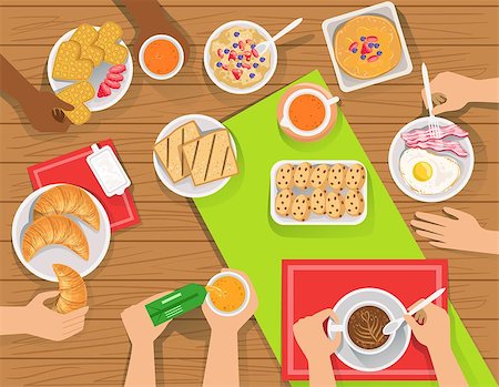 picture of jam on toast and tea - People Eating Different Breakfast Meals Together View From Above. Simple Bright Color Vector Illustration With Only Hands Visible Assortment Of Morning Treats. Stock Photo - Budget Royalty-Free & Subscription, Code: 400-08777838