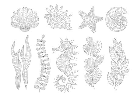 Underwater Nature Set Adult Zentangle Coloring Book Illustration. Black And White Hand Drawn Element For Coloring In Cool Trendy Design. Stock Photo - Budget Royalty-Free & Subscription, Code: 400-08777832