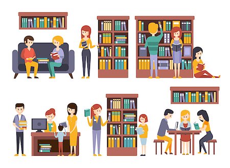 simsearch:6108-06166190,k - Library And Bookstore With People Reading And Choosing Books. People Buying Books And Studying Together. Flat Simple Bright Childish Illustration On White Background. Stockbilder - Microstock & Abonnement, Bildnummer: 400-08777833