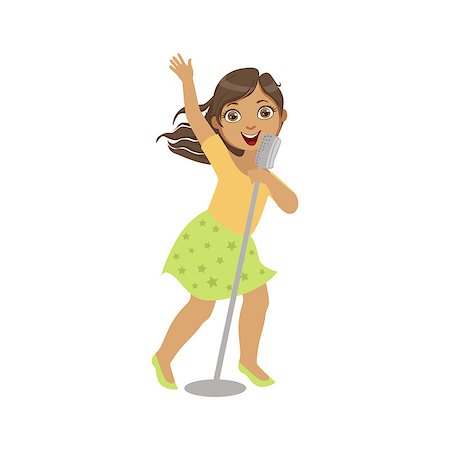 Girl In Green Skirt Singing In Karaoke. Bright Color Cartoon Simple Style Flat Vector Sticker Isolated On White Background Stock Photo - Budget Royalty-Free & Subscription, Code: 400-08777856