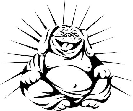 simsearch:400-08627495,k - Black and white illustration of a bulldog laughing buddha sitting viewed from front set on isolated white background done in retro style. Stock Photo - Budget Royalty-Free & Subscription, Code: 400-08777917