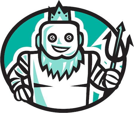 Illustration of a robotic poseidon holding trident facing front set inside oval shape on isolated background done in retro style. Photographie de stock - Aubaine LD & Abonnement, Code: 400-08778008