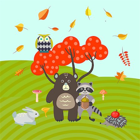 Forest animals on autumn meadow vector illustration. Bear, raccoon, bunny and hedgehog. Owl on a red fall tree. Photographie de stock - Aubaine LD & Abonnement, Code: 400-08778272