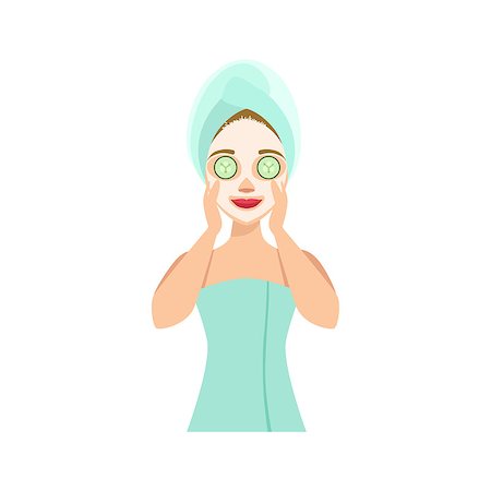 Woman Doing Cucumber Mask Home Spa Treatment Procedure. Isolated Portrait In Simple Cute Vector Design Style On White Background Stock Photo - Budget Royalty-Free & Subscription, Code: 400-08778429