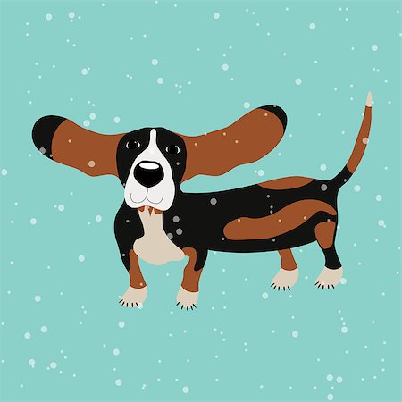 dog ear cartoon - Dog Basset hound under falling snow on the blue background, vector illustration, cute dog Stock Photo - Budget Royalty-Free & Subscription, Code: 400-08778622