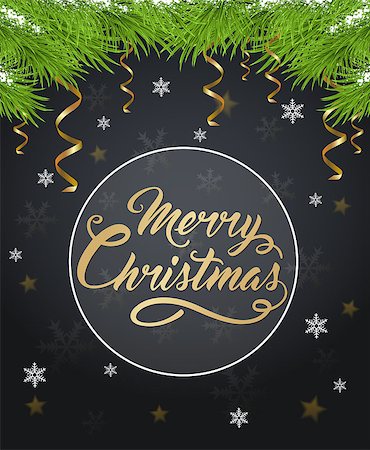 simsearch:400-08813741,k - Christmas background with golden greeting inscription and green fir branches. Merry Christmas lettering. Photographie de stock - Aubaine LD & Abonnement, Code: 400-08778878