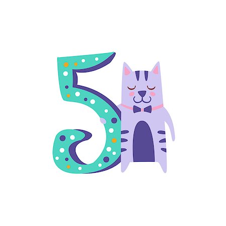 simsearch:400-08507283,k - Cat Standing Next To Number Five Stylized Funky Animal. Weird Colorful Flat Vector Illustration For Kids On White Background, Fotografie stock - Microstock e Abbonamento, Codice: 400-08779081