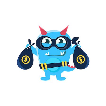 robber cartoon black - Blue Monster With Horns And Spiky Tail Robbing The Bank. Silly Childish Drawing Isolated On White Background. Funny Fantastic Animal Colorful Vector Sticker. Stock Photo - Budget Royalty-Free & Subscription, Code: 400-08779093