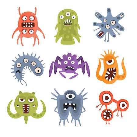 Aggressive Fantastic Alien Microorganisms Set. Bright Color Primitive Unfriendly Creatures Of Different Shapes Drawings Collection Isolated On White Background. Stock Photo - Budget Royalty-Free & Subscription, Code: 400-08779114