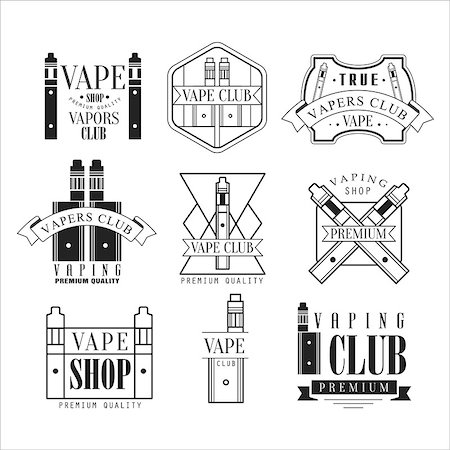 simsearch:400-08776910,k - Vape Club Black And White Emblems In Classic Style Vector Monochrome Graphic Design. Logo Set With Text On White Background Stockbilder - Microstock & Abonnement, Bildnummer: 400-08779112