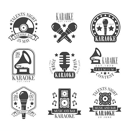 round vintage microphone - Karaoke Bar Black And White Label Set Set Of Traditional Style Flat Vector Design Templates On White Background Stock Photo - Budget Royalty-Free & Subscription, Code: 400-08779123