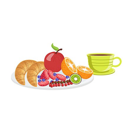 simsearch:400-08654097,k - Croissant, Fruit And Coffee Breakfast Food And Drink Set. Morning Menu Plate Illustration In Detailed Simple Vector Design. Stockbilder - Microstock & Abonnement, Bildnummer: 400-08779155