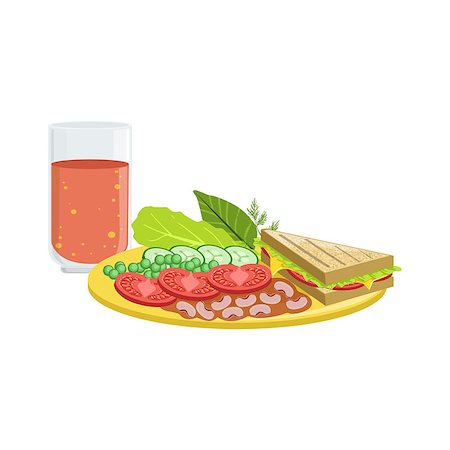 salad items nobody - Sandwich, Vegetables And Tomato Juice Breakfast Food And Drink Set. Morning Menu Plate Illustration In Detailed Simple Vector Design. Stock Photo - Budget Royalty-Free & Subscription, Code: 400-08779159