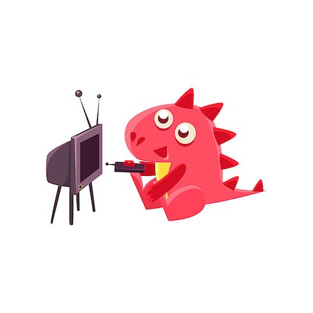 simsearch:400-08712142,k - Red Dragon Watching TV Illustration. Silly Childish Drawing Isolated On White Background. Funny Fantastic Animal Colorful Vector Sticker. Stockbilder - Microstock & Abonnement, Bildnummer: 400-08779187