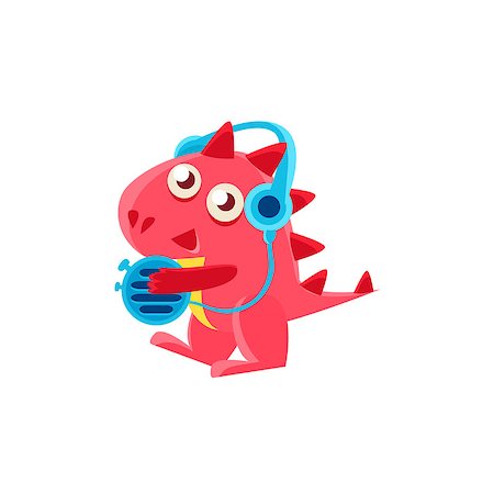 simsearch:400-08712142,k - Red Dragon In Headphones Illustration. Silly Childish Drawing Isolated On White Background. Funny Fantastic Animal Colorful Vector Sticker. Stockbilder - Microstock & Abonnement, Bildnummer: 400-08779190