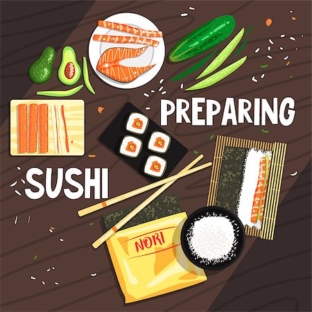 Preparing Sushi Ingredients And Technique. National Cuisine Dish Cooking Process Illustration With Text. Vector Cute Cartoon Simple Drawing. Stock Photo - Budget Royalty-Free & Subscription, Code: 400-08779233