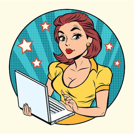 programmer (female) - Pop art woman with laptop, retro comic book vector illustration. The computer and modern technology. Businesswoman at work. Life style young girl Stock Photo - Budget Royalty-Free & Subscription, Code: 400-08779353