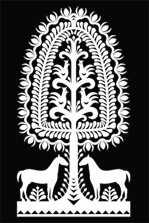Vector design of horse, tree and chickens - folk design from the region of Kurpie in Poland Stock Photo - Budget Royalty-Free & Subscription, Code: 400-08779486