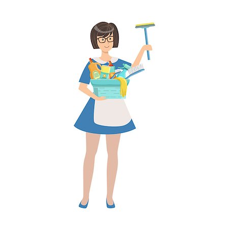 Hotel Professional Maid With Window Washing Equipment Illustration. Cleaning Lady Tiding Up With Special Inventory Simple Flat Vector Drawing. Stock Photo - Budget Royalty-Free & Subscription, Code: 400-08779726