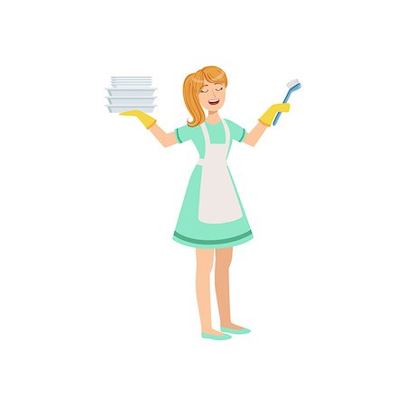 Hotel Professional Maid Washing Dishes Illustration. Cleaning Lady Tiding Up With Special Inventory Simple Flat Vector Drawing. Stock Photo - Budget Royalty-Free & Subscription, Code: 400-08779729