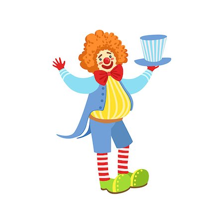 Colorful Friendly Clown Holding Top Hat In Classic Outfit. Childish Circus Clown Character Performing In Costume And Make Up. Photographie de stock - Aubaine LD & Abonnement, Code: 400-08779741