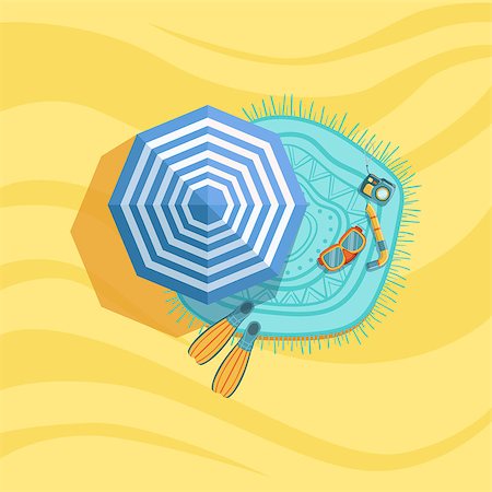 Snorkeling Equipment, Camera And Umbrella Spot On The Beach Composition. Place On The Sand With Vacation Attributes From Above Bright Color Vector Illustration. Stock Photo - Budget Royalty-Free & Subscription, Code: 400-08779805